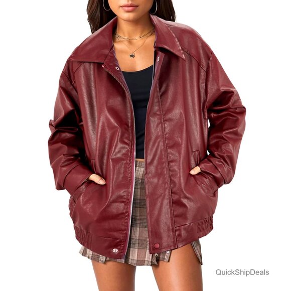 Oversized Faux Leather Bomber Jacket Motorcycle Style Polyester Zip Up